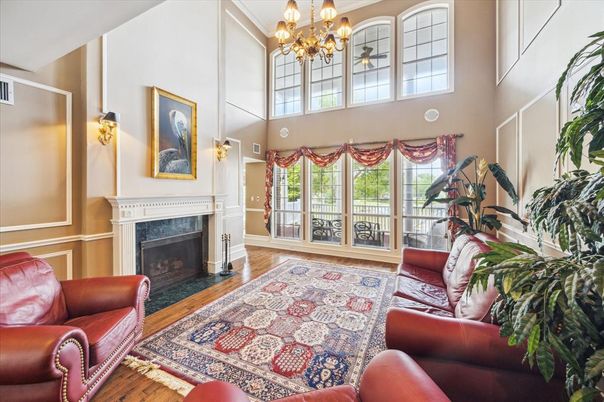 Chandelier, Fireplace, Interior, Living room, Wood Texture Flooring