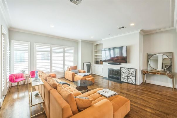 Fireplace, Interior, Living room, Recessed Lighting, Wood Texture Flooring
