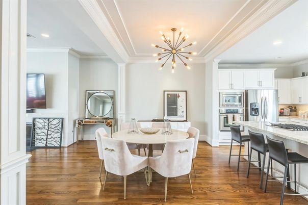 Dining room, Interior, Kitchen, Pendant Lights, Recessed Lighting, Stainless Steel Appliances, Wood Texture Flooring