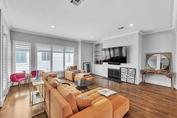 Fireplace, Interior, Living room, Recessed Lighting, Wood Texture Flooring
