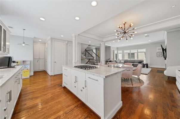 Dining room, Interior, Kitchen, Living room, Pendant Lights, Recessed Lighting, Wood Texture Flooring