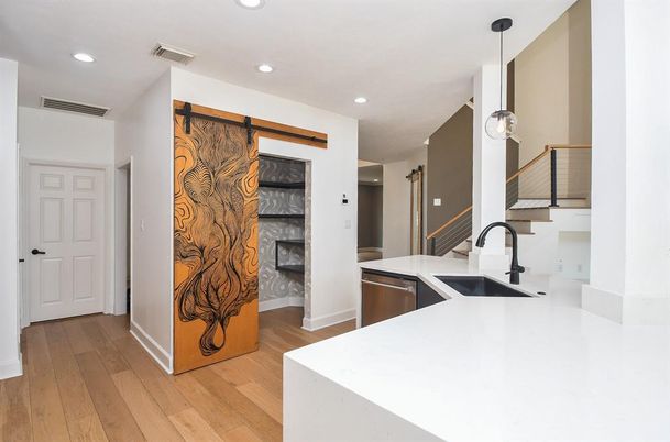 Interior, Kitchen, Pendant Lights, Recessed Lighting, Wood Texture Flooring