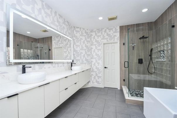Bathroom, Dual Sink Vanities, Glass Shower, Interior, Recessed Lighting