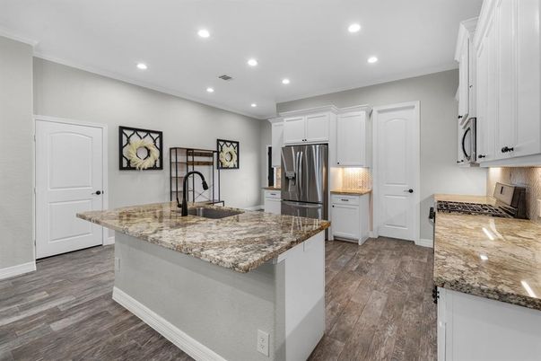 Interior, Kitchen, Recessed Lighting, Stainless Steel Appliances, Wood Texture Flooring