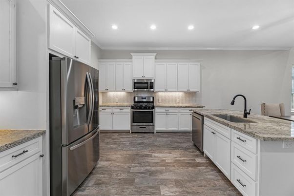 Interior, Kitchen, Recessed Lighting, Stainless Steel Appliances, Wood Texture Flooring