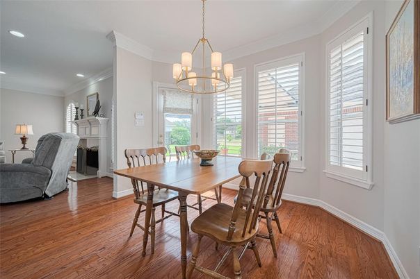 Chandelier, Dining room, Fireplace, Interior, Recessed Lighting, Wood Texture Flooring