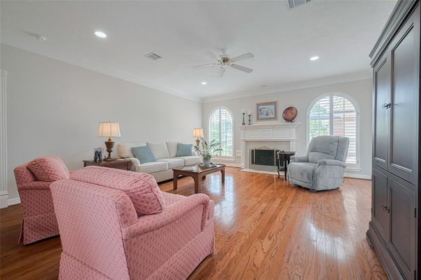 Fireplace, Interior, Living room, Recessed Lighting, Wood Texture Flooring