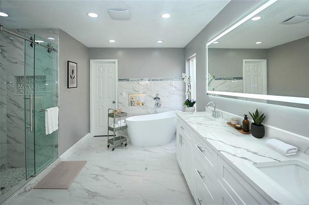 Bathroom, Dual Sink Vanities, Free Standing Baths, Glass Shower, Interior, Marble, Marble Walls, Recessed Lighting