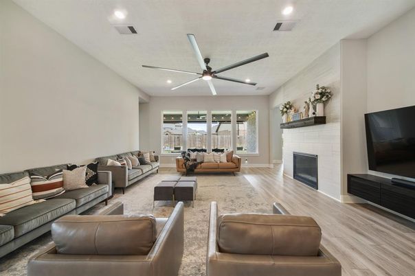 Fireplace, Interior, Living room, Recessed Lighting, Wood Texture Flooring