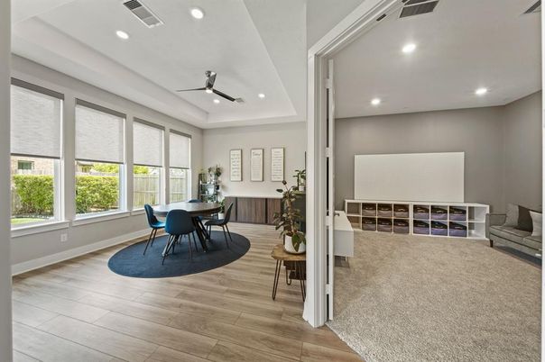 Dining room, Interior, Recessed Lighting, Wood Texture Flooring