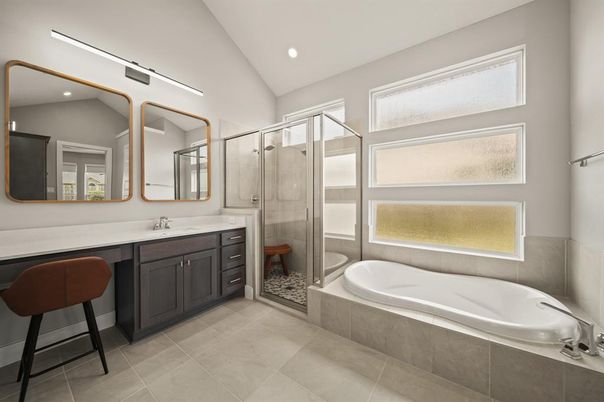Bathroom, Dual Sink Vanities, Glass Shower, Interior, Recessed Lighting