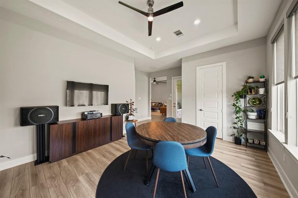 Dining room, Interior, Recessed Lighting, Wood Texture Flooring