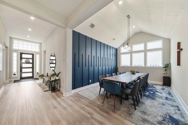 Dining room, Interior, Pendant Lights, Recessed Lighting, Wood Texture Flooring
