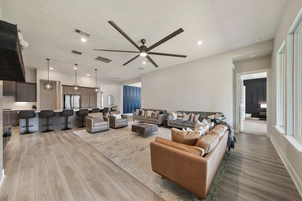 Interior, Kitchen, Living room, Pendant Lights, Recessed Lighting, Wood Texture Flooring