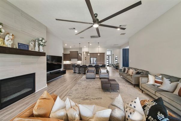 Fireplace, Interior, Kitchen, Living room, Pendant Lights, Recessed Lighting, Wood Texture Flooring