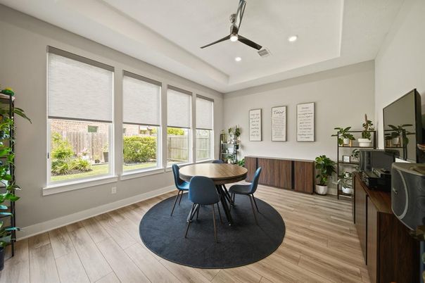 Dining room, Interior, Recessed Lighting, Wood Texture Flooring