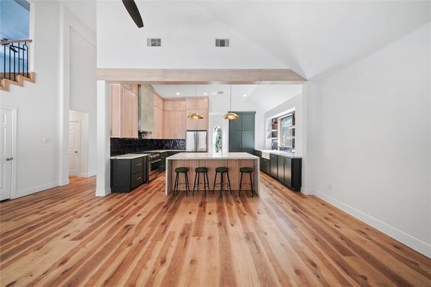 Interior, Kitchen, Pendant Lights, Wood Texture Flooring
