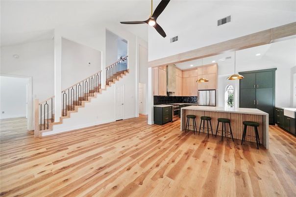 Interior, Kitchen, Pendant Lights, Recessed Lighting, Wood Texture Flooring