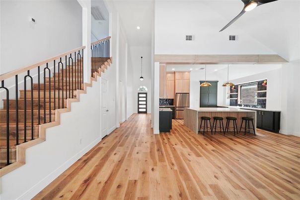Interior, Kitchen, Pendant Lights, Recessed Lighting, Stainless Steel Appliances, Wood Texture Flooring