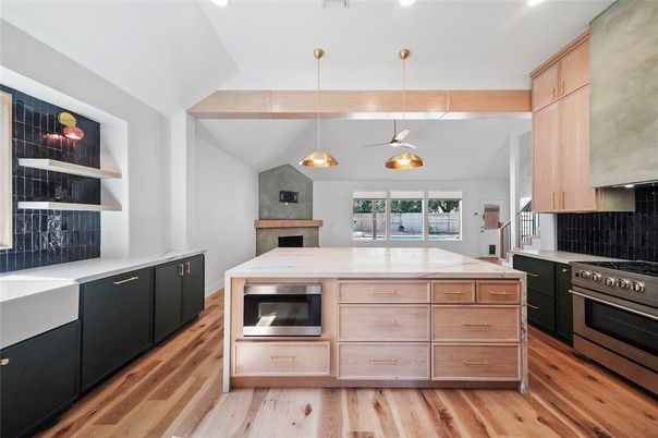 Interior, Kitchen, Pendant Lights, Recessed Lighting, Stainless Steel Appliances, Wood Texture Flooring