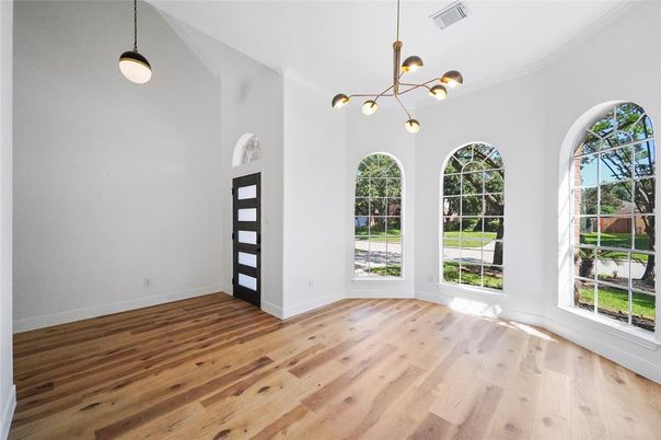 Empty room, Interior, Pendant Lights, Wood Texture Flooring