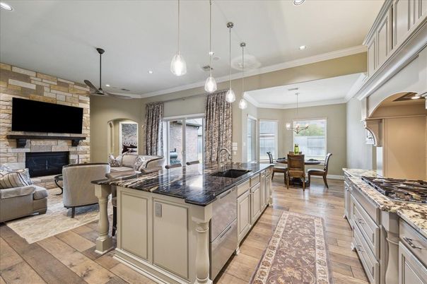 Dining room, Fireplace, Interior, Kitchen, Living room, Pendant Lights, Recessed Lighting, Wood Texture Flooring