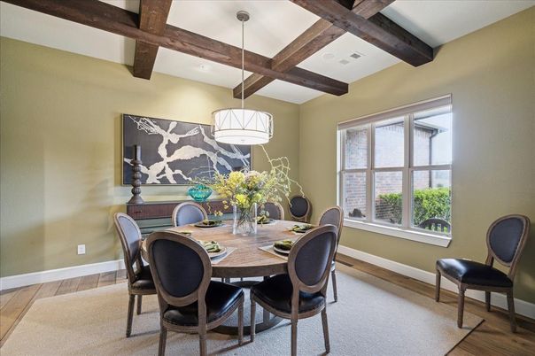 Dining room, Interior, Pendant Lights, Recessed Lighting, Wooden Beams, Wood Texture Flooring