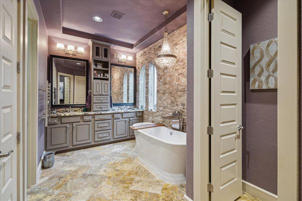Bathroom, Dual Sink Vanities, Free Standing Baths, Interior, Pendant Lights, Recessed Lighting
