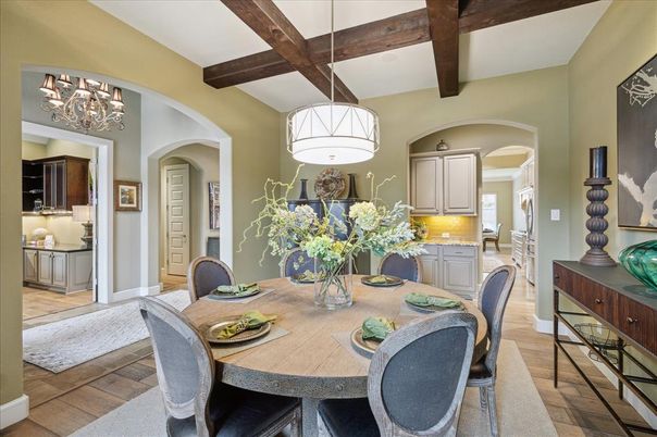 Chandelier, Dining room, Interior, Pendant Lights, Wooden Beams, Wood Texture Flooring