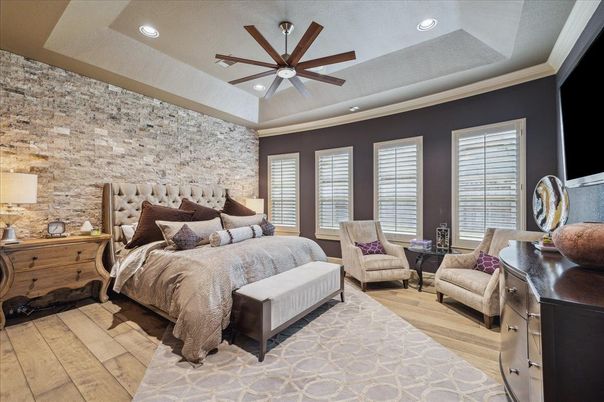 Bedroom, Interior, Recessed Lighting, Stone Walls, Wood Texture Flooring