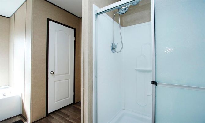 Bathroom, Glass Shower, Interior, Wood Texture Flooring