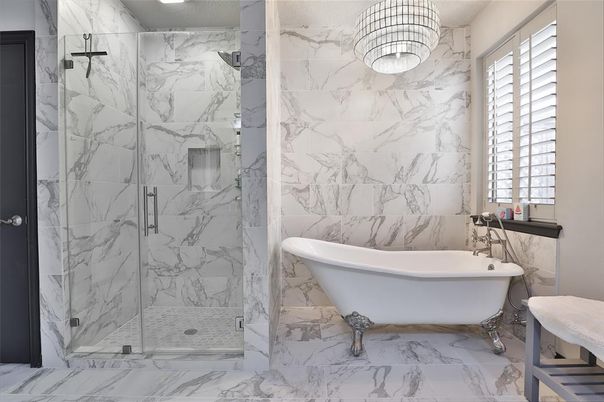 Bathroom, Free Standing Baths, Glass Shower, Interior, Marble, Marble Walls, Recessed Lighting