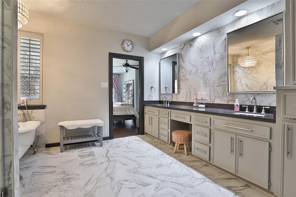 Bathroom, Dual Sink Vanities, Interior, Marble, Marble Walls, Recessed Lighting