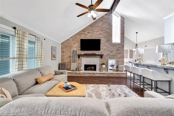 Dining room, Fireplace, Interior, Kitchen, Living room, Pendant Lights, Stone Walls, Wood Texture Flooring