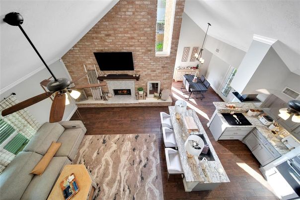 Fireplace, Interior, Living room, Pendant Lights, Stone Walls, Wood Texture Flooring