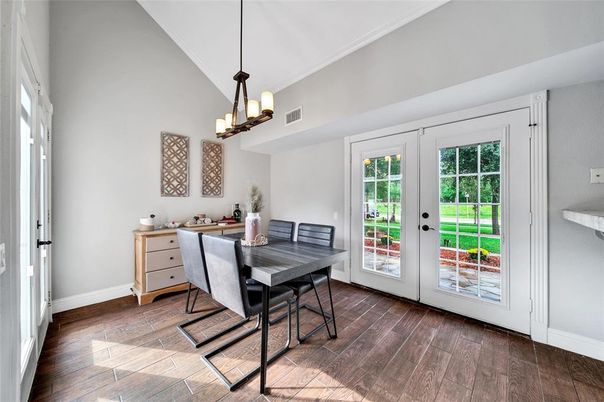 Chandelier, Dining room, Interior, Pendant Lights, Wood Texture Flooring