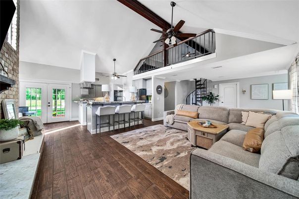 Fireplace, Interior, Kitchen, Living room, Pendant Lights, Wood Texture Flooring