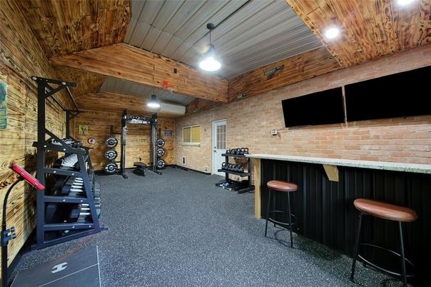 Fitness Equipment, Interior, Stone Walls, Wooden Ceilings, Wooden Walls