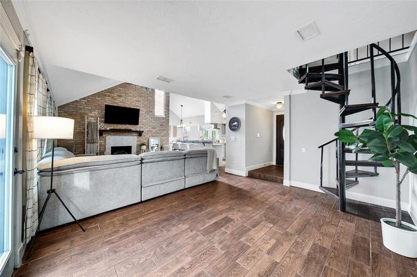 Fireplace, Interior, Kitchen, Living room, Pendant Lights, Stone Walls, Wood Texture Flooring