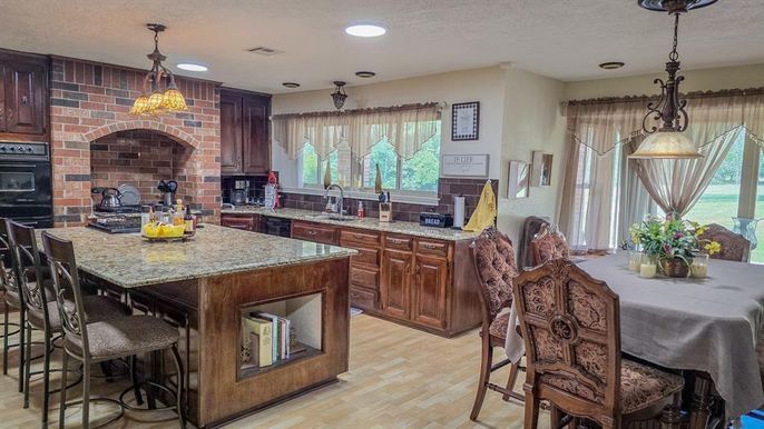 Dining room, Interior, Kitchen, Pendant Lights, Recessed Lighting, Stone Walls, Wood Texture Flooring