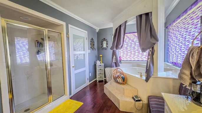 Bathroom, Glass Shower, Interior, Wood Texture Flooring