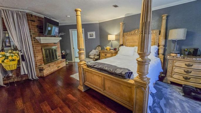 Bedroom, Fireplace, Interior, Stone Walls, Wood Texture Flooring