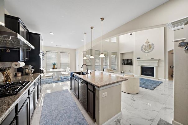 Dining room, Fireplace, Interior, Kitchen, Living room, Marble, Pendant Lights, Recessed Lighting