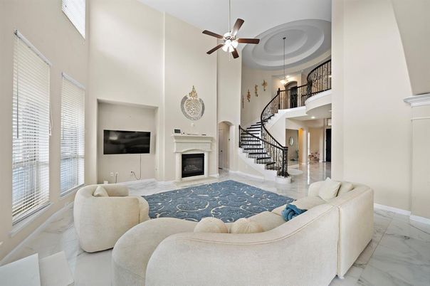 Fireplace, Interior, Living room, Marble, Pendant Lights