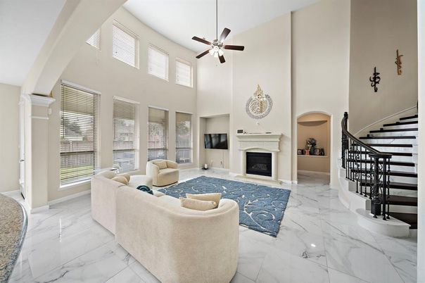 Fireplace, Interior, Living room, Marble, Pendant Lights