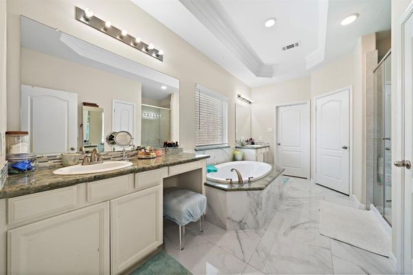 Bathroom, Dual Sink Vanities, Interior, Marble, Recessed Lighting