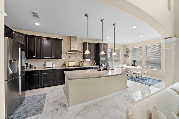 Dining room, Interior, Kitchen, Marble, Pendant Lights, Recessed Lighting, Stainless Steel Appliances