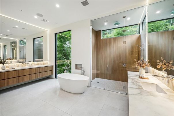 Bathroom, Dual Sink Vanities, Free Standing Baths, Glass Shower, Interior, Recessed Lighting