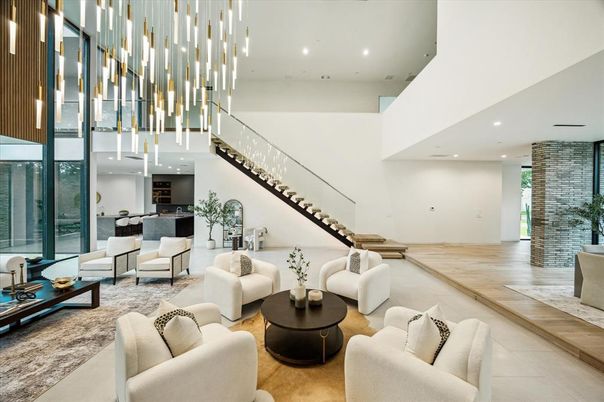 Interior, Living room, Pendant Lights, Recessed Lighting, Wood Texture Flooring