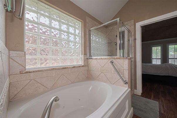 Bathroom, Glass Shower, Interior, Wood Texture Flooring